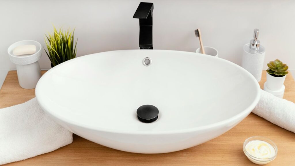 Close-up of smooth marble basin on pedestal with natural stone veins

