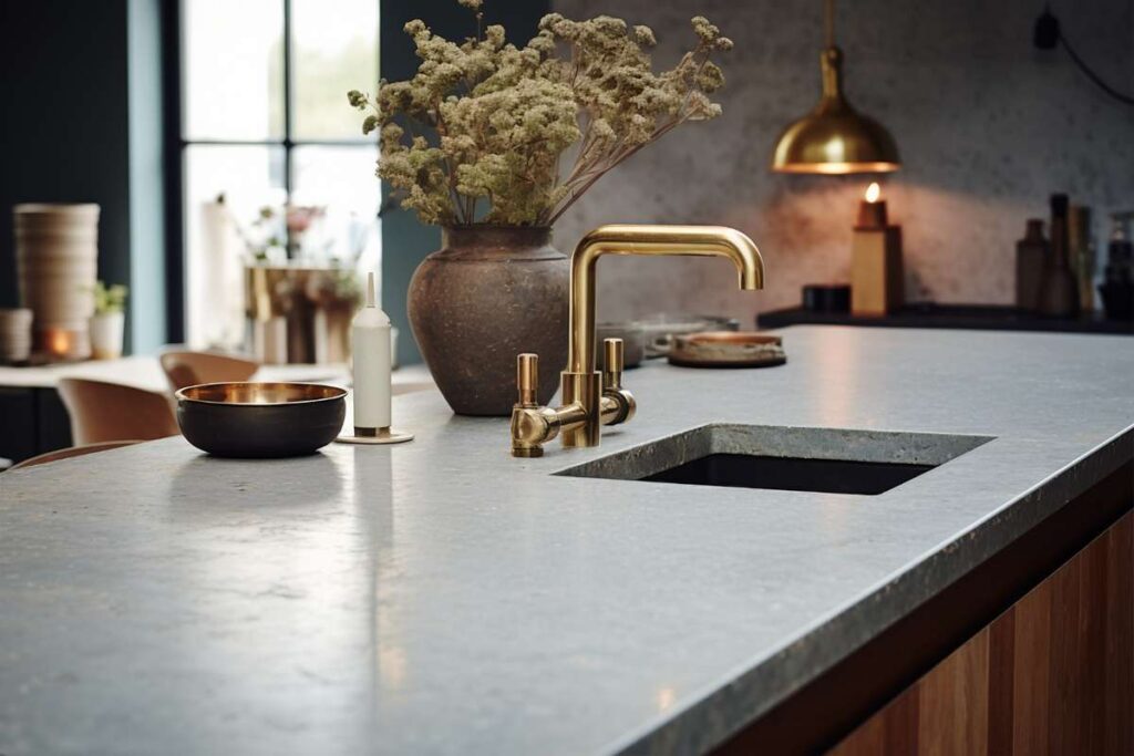 Close-up of a smooth, polished cement farmhouse sink with a matte finish and drain