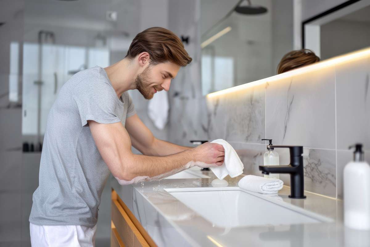 Person pouring baking soda and vinegar to clean smelly sink drain